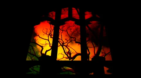 Looking through church windows at leafless tree with timelapse clouds 16 Stock Footage