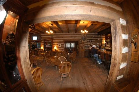 Looking through doorway at two men having a drink at the Owl Bar, fisheye len Stock Photos