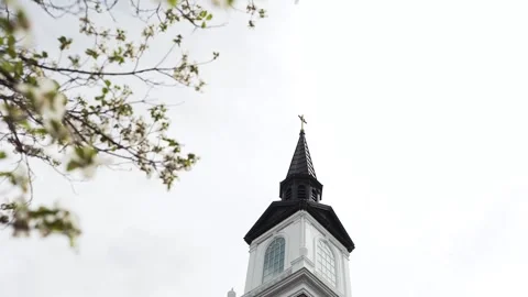 Looking up through green tree branches at a gold Church steeple with a crucifix Stock-Footage 333653947