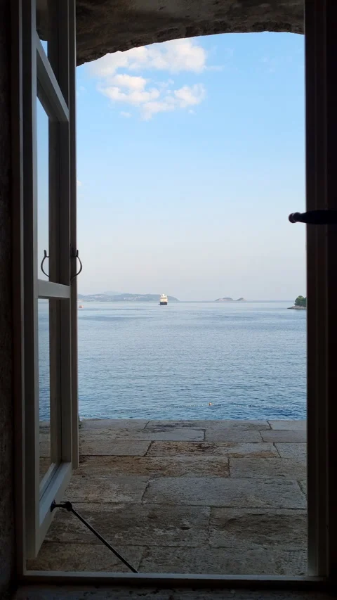 Looking through historic stone window at Adriatic sea in Dubrovnik. Stock Footage 339749713