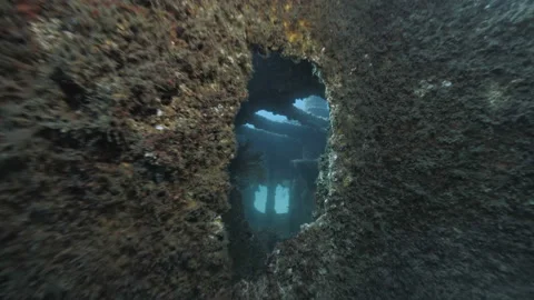 Looking through hole in sunken ship wreck, Atlantic Ocean Stock Footage 167069029