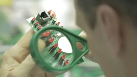 Looking through a magnifying glass on circuit board Stock Footage 78784909