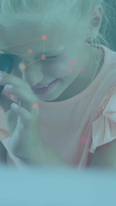 Looking through microscope, child in laboratory with scientific data animation Stock Footage 320183007