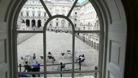 Looking through neoclassical  window to Somerset House quadrangle Stock Footage 263216269