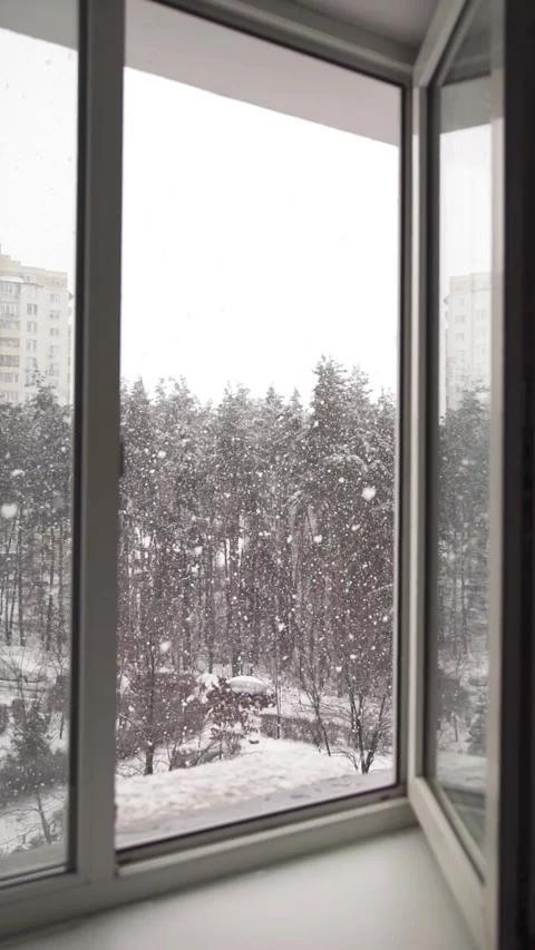Looking through an open window at a heavy snowfall over a winter park. Vídeo Stock 339650640