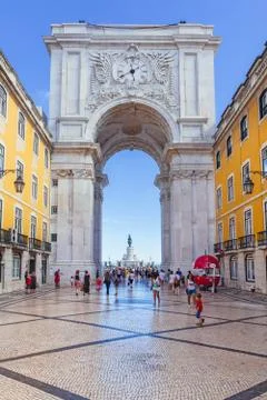 Looking through Rua Augusta Arch in Lisbon Stock Photos