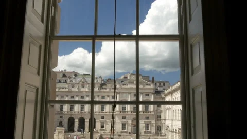 Looking through sash window tilt to Somerset House quadrangle Stock-Footage 262097020