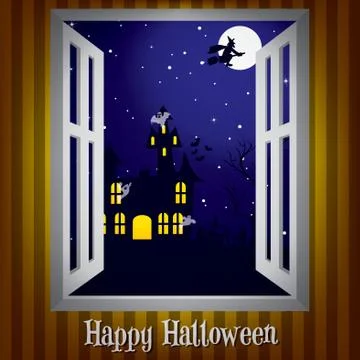 Looking through the window at a haunted house halloween card in vector format Stock Illustration