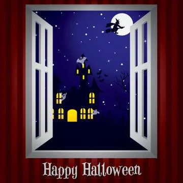 Looking through the window at a haunted house halloween card in vector format Stock Illustration