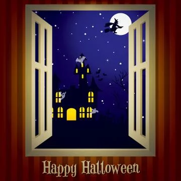Looking through the window at a haunted house halloween card in vector format Stock Illustration