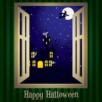 Looking through the window at a haunted house halloween card in vector format Stock Illustration