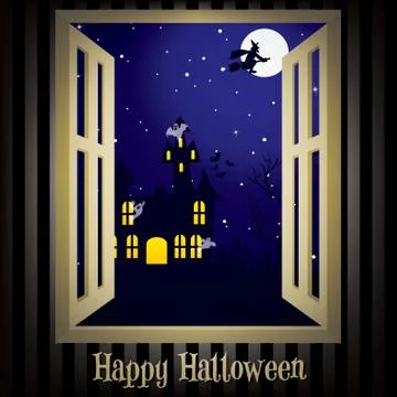 Looking through the window at a haunted house halloween card in vector format Stock Illustration