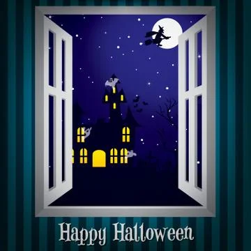 Looking through the window at a haunted house halloween card in vector format Illustrazione stock