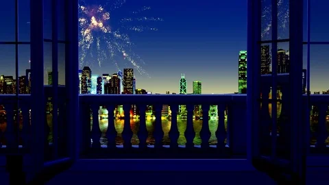 Looking through the window at the New Year's fireworks Stock Footage 69229520