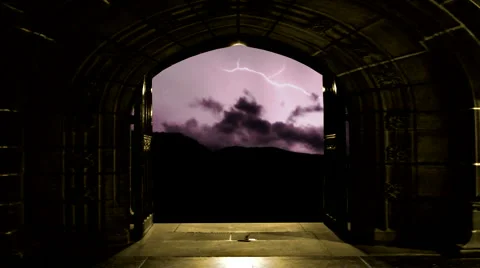 Looking at timelapse lightning through open doors Stock Footage 985578