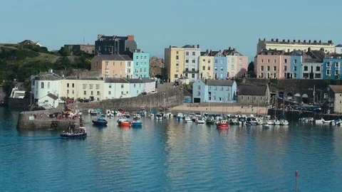 Looking towards  Tenby harbour Stock Footage 129738005