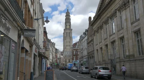Looking towards the town hall clock tower - Arras France Stock Footage 54875605