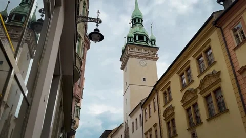 Looking up at the tower of the Old Town Hall in Brno Stock Footage 282726366