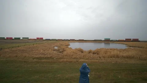 Looking at train in the prairies Stock Footage 239455940