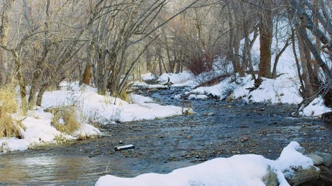 Looking up tributary rocky stream in dead of winter with slow motion dolly Video stock 129417334