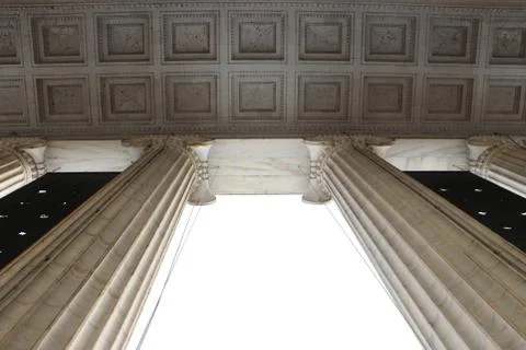 Looking up at two pillars, Field Museum in Chicago, IL Stock Photos