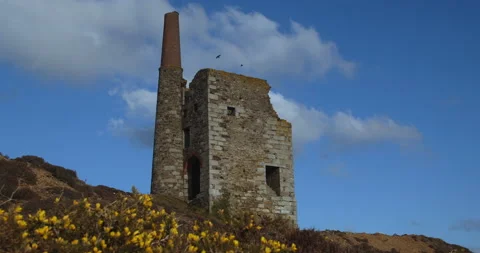 Looking up to Tywarnhayle Mine Engine house in Cornwall over Spring Stock Footage 152478500