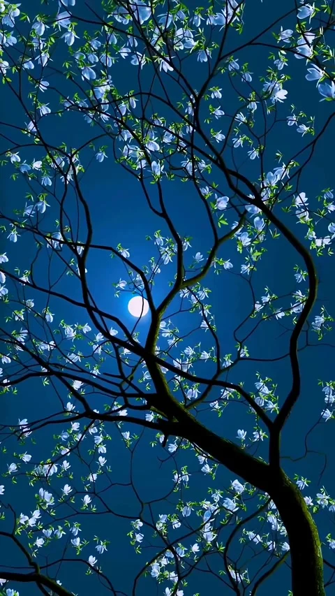 Looking Up Under Trees Among the Forest With Full Moon At Night POV Stock Footage 289518095