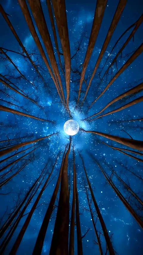 Looking Up Under Trees Among the Forest With Full Moon At Night POV Stock Footage 289518101