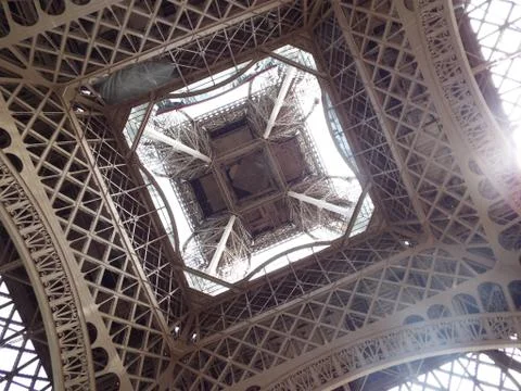 Looking up underneath the Eiffel tower in Paris Stock Photos
