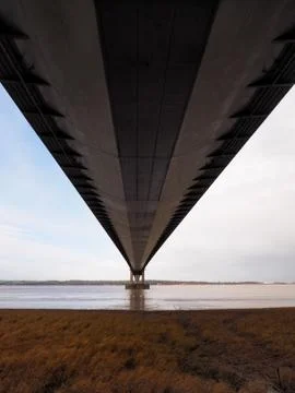 Looking underneath the road deck of the Humber Bridge suspension bridge Stock Photos