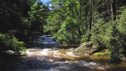Looking upstream along a rushing mountain river Stock Footage 159228275