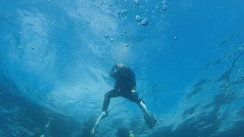 Looking Upward at a Surfacing Diver Stock Footage 128644435