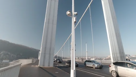 Looking up view of the blue sky at Elizabeth Bridge in Budapest, Hungary Stock Footage 127210314