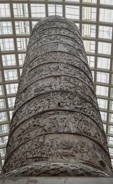 Looking up view Trajan Column, a famous Roman monument. Stock Photos