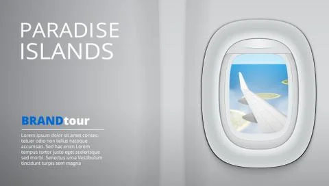Looking In The Window On Wing Of An Airplane, Blue Cloudy Sky Ilustração Stock