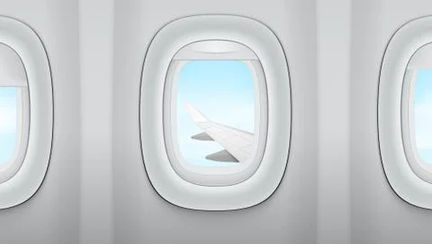 Looking In The Window On Wing Of An Airplane, Blue Cloudy Sky Ilustração Stock