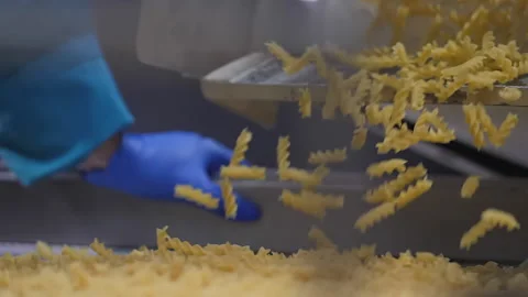 Looking on the worker hands checking quality of pasta falling to shake conveyor Stock Footage 162501139