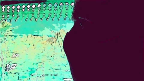 Looks of sad beared man depressed looking from home tower through green net d Stock Footage 157857468