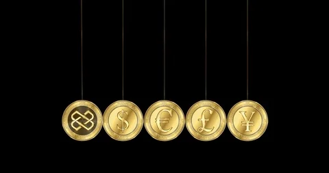 Loom Network (LOOM) coin and world currencies in the shape of Newton cradle Stock Footage 102616360