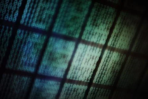 Looming data. overhead plane led panel displaying pale blue green binary code イラスト素材