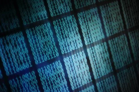 Looming data. overhead plane led panel displaying pale blue green binary code Stock Illustration