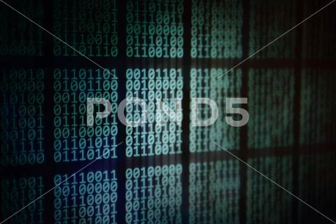 Looming data. overhead plane led panel displaying pale blue green binary code Stock Photos