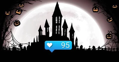 Looming eerie castle casting moonlight over cemetery at night, with pumpkins  Ilustração Stock