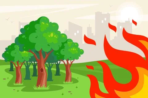 Looming flame on trees in the forest. spread of fire due to drought in summer. Stock Illustration