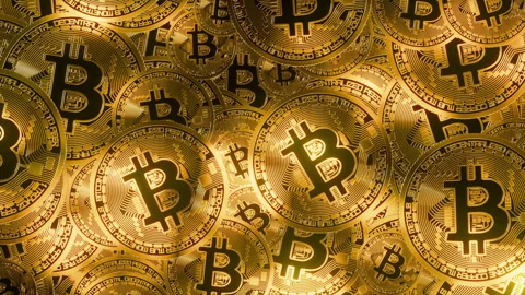 Loop 3d animation with crypto coins background with chaotic rotating bitcoins Stock Footage 303216319