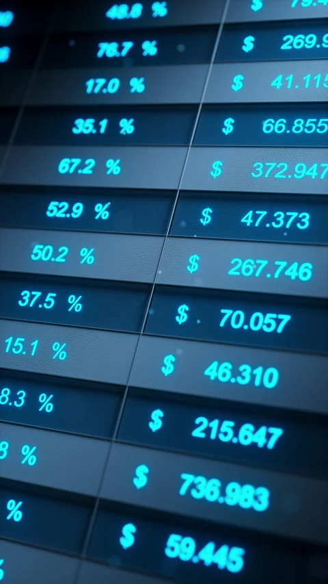 Loop 3D blue market table with prices and percent changes Stock Footage 322018170