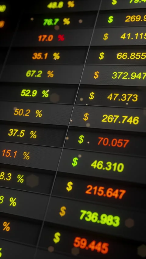 Loop 3D market table with red green yellow quotes and arrows Stock Footage 322912894