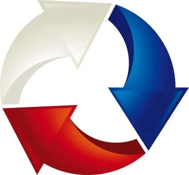 Loop 3D symbol. Three concentric arrows in blue, white and red. Stock Illustration