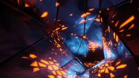 Loop 4K. Infinite geometric tunnel with glowing orange spots particle. Stock Footage 199757091