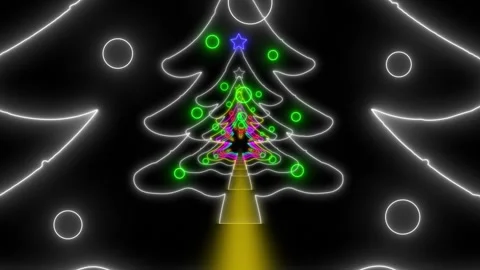 Loop able christmas neon glowing background. Tree stroke outline endless Stock Footage 341866034